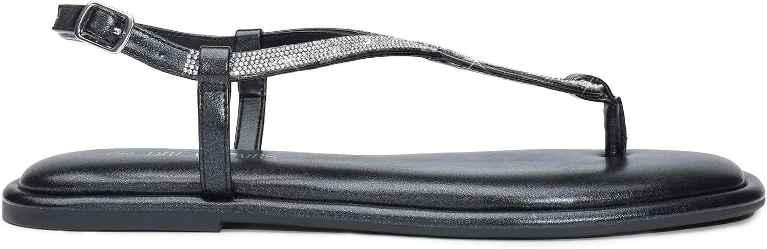 DREAM PAIRS Women's Flat Sandals Fashion Rhinestone Flat Sandals with Ankle Strap for Summers Dress Casual