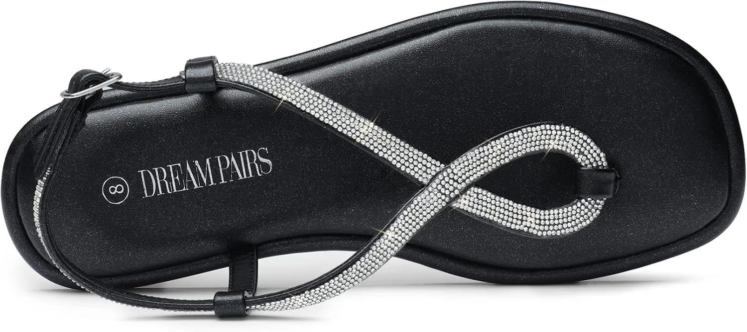 DREAM PAIRS Women's Flat Sandals Fashion Rhinestone Flat Sandals with Ankle Strap for Summers Dress Casual