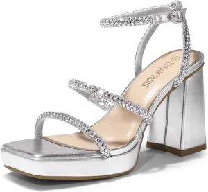 DREAM PAIRS Women's Platform Strappy Heels Open Toe Ankle Strap Square Party Sandals Y2K Dress Shoes