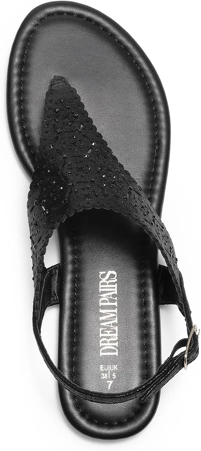 DREAM PAIRS Women's Rhinestone Casual Wear Cute Gladiator Flat Sandals Beach Dressy T-Strap Thong Sandals