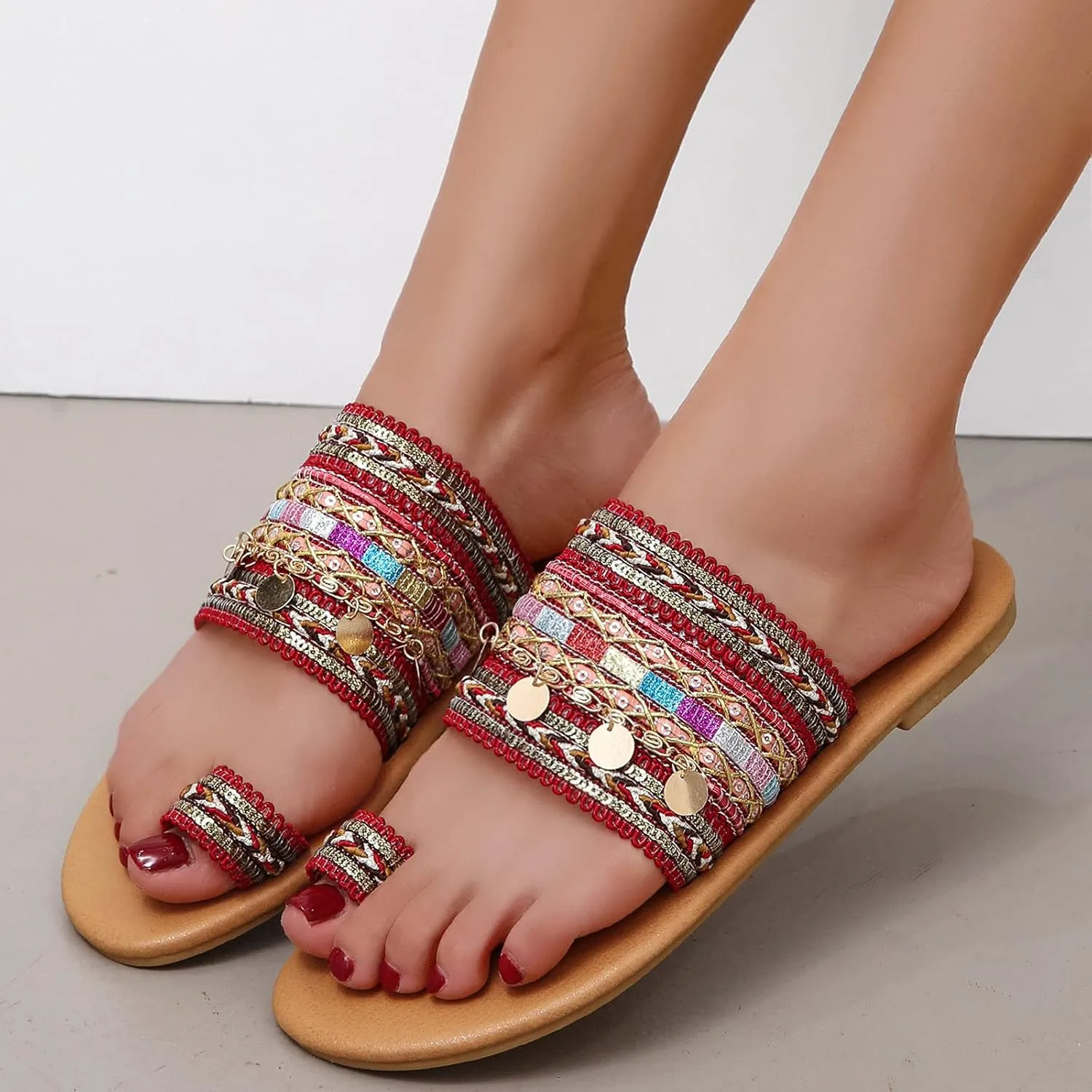 Dressy Flat Sandals for Women Falt Slip On Two Strap toe Loop Summer Slide Plus Size Flip Flops Retro One toe