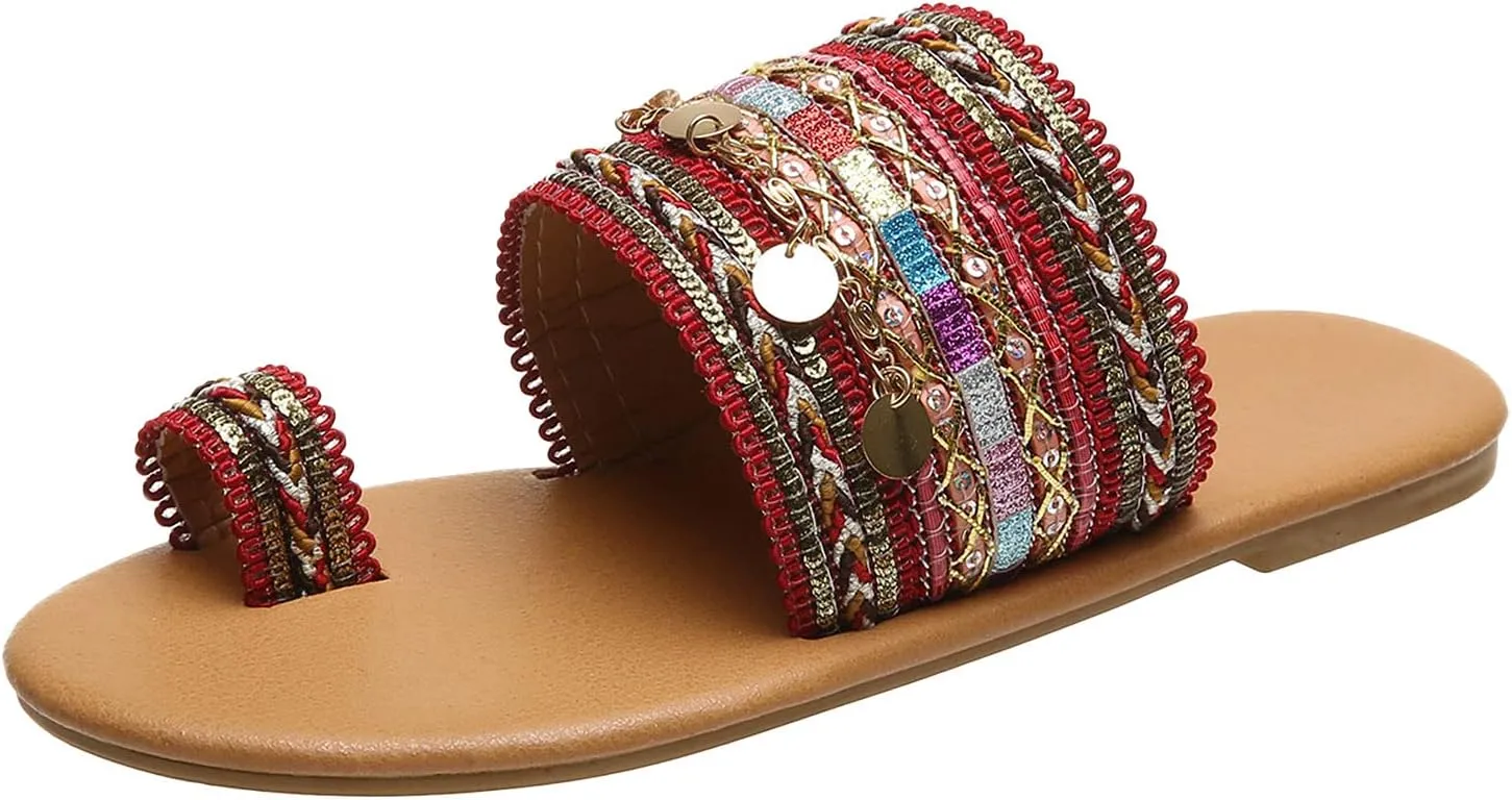 Dressy Flat Sandals for Women Falt Slip On Two Strap toe Loop Summer Slide Plus Size Flip Flops Retro One toe