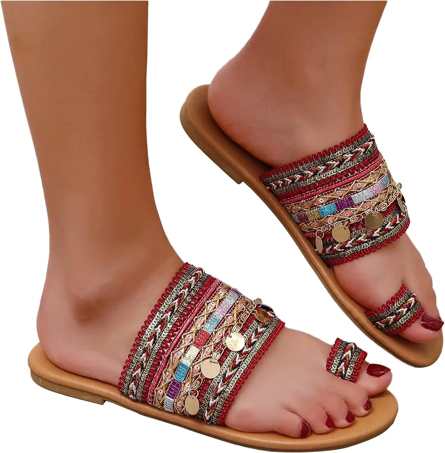 Dressy Flat Sandals for Women Falt Slip On Two Strap toe Loop Summer Slide Plus Size Flip Flops Retro One toe