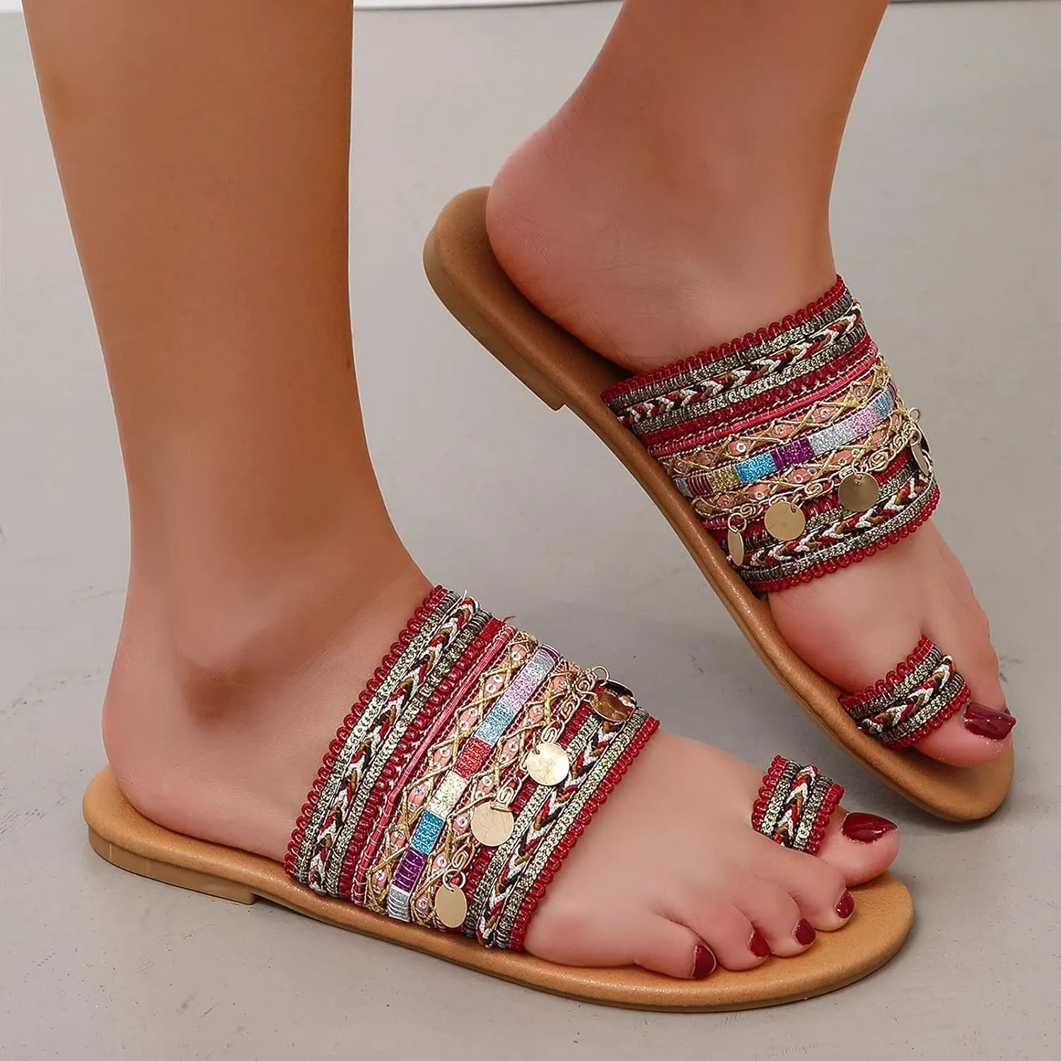 Dressy Flat Sandals for Women Falt Slip On Two Strap toe Loop Summer Slide Plus Size Flip Flops Retro One toe