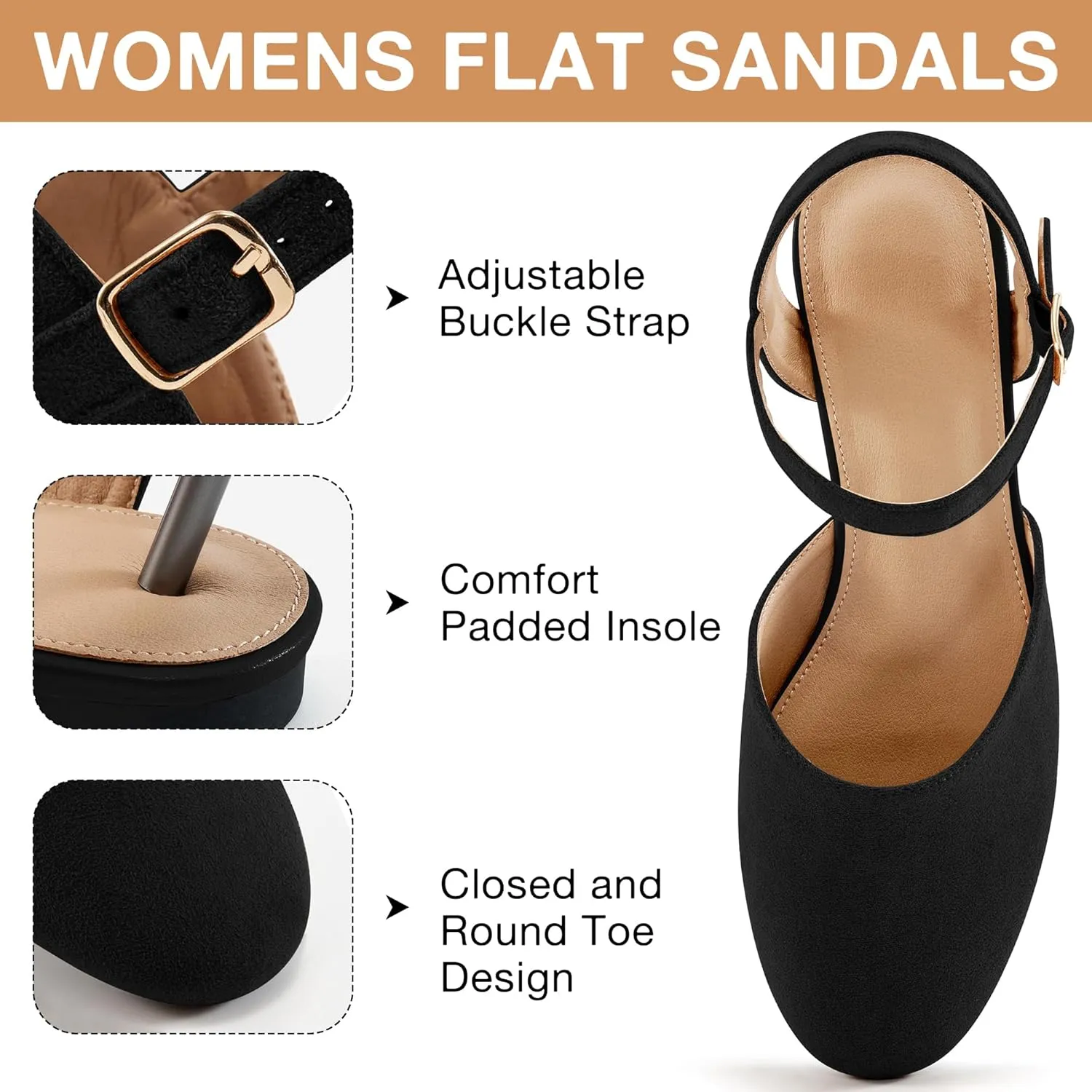 Ecetana Womens Flats Sandals Dressy Summer Comfortable Casual Fashion Round Toe Slingback Shoes with Buckle Ankle Strap