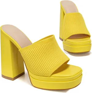 Elegant High Chunky Heel Mule Sandals for Women Chic Platform Summer Slip-Ons Block Heel Wedge Shoes with Knit Upper Fashionable Dressy Evening Party Shoes
