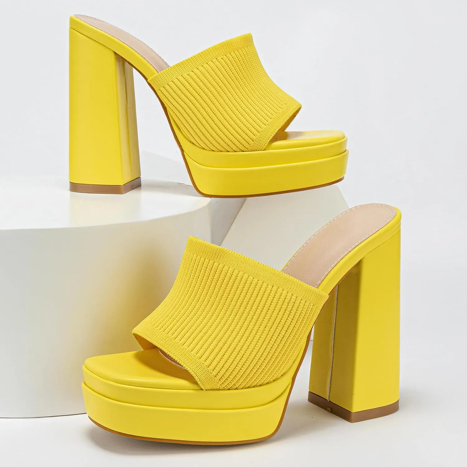Elegant High Chunky Heel Mule Sandals for Women Chic Platform Summer Slip-Ons Block Heel Wedge Shoes with Knit Upper Fashionable Dressy Evening Party Shoes