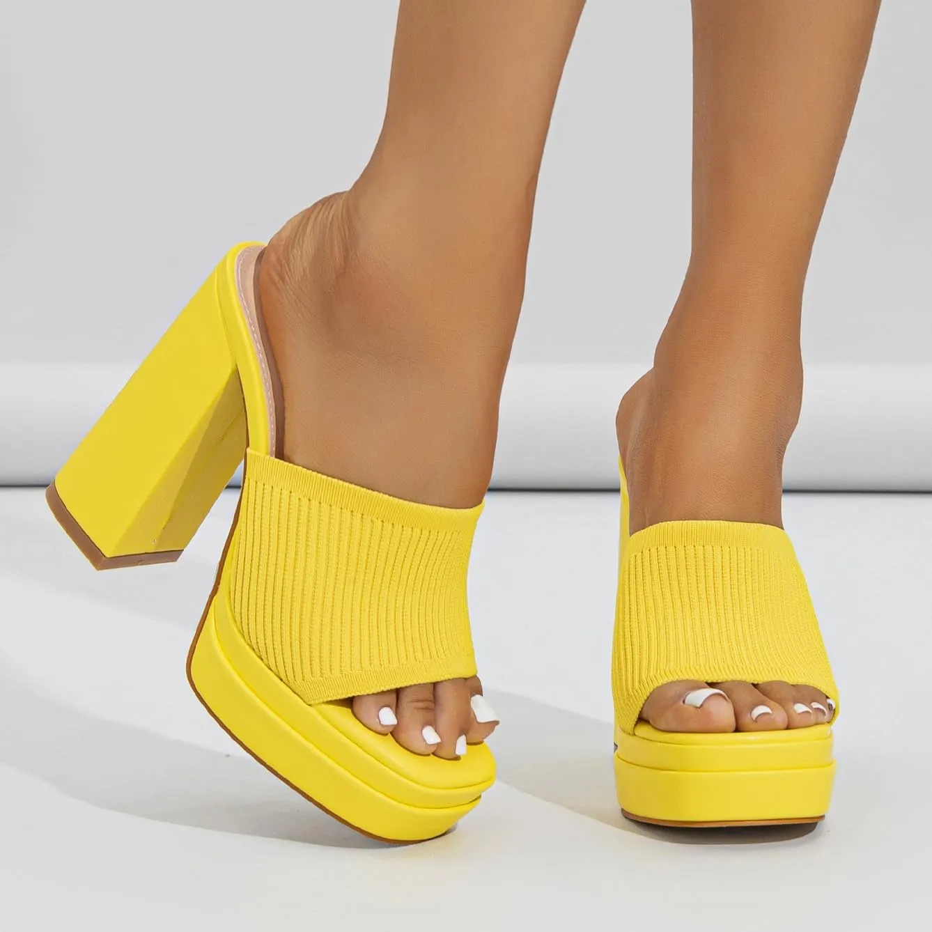 Elegant High Chunky Heel Mule Sandals for Women Chic Platform Summer Slip-Ons Block Heel Wedge Shoes with Knit Upper Fashionable Dressy Evening Party Shoes