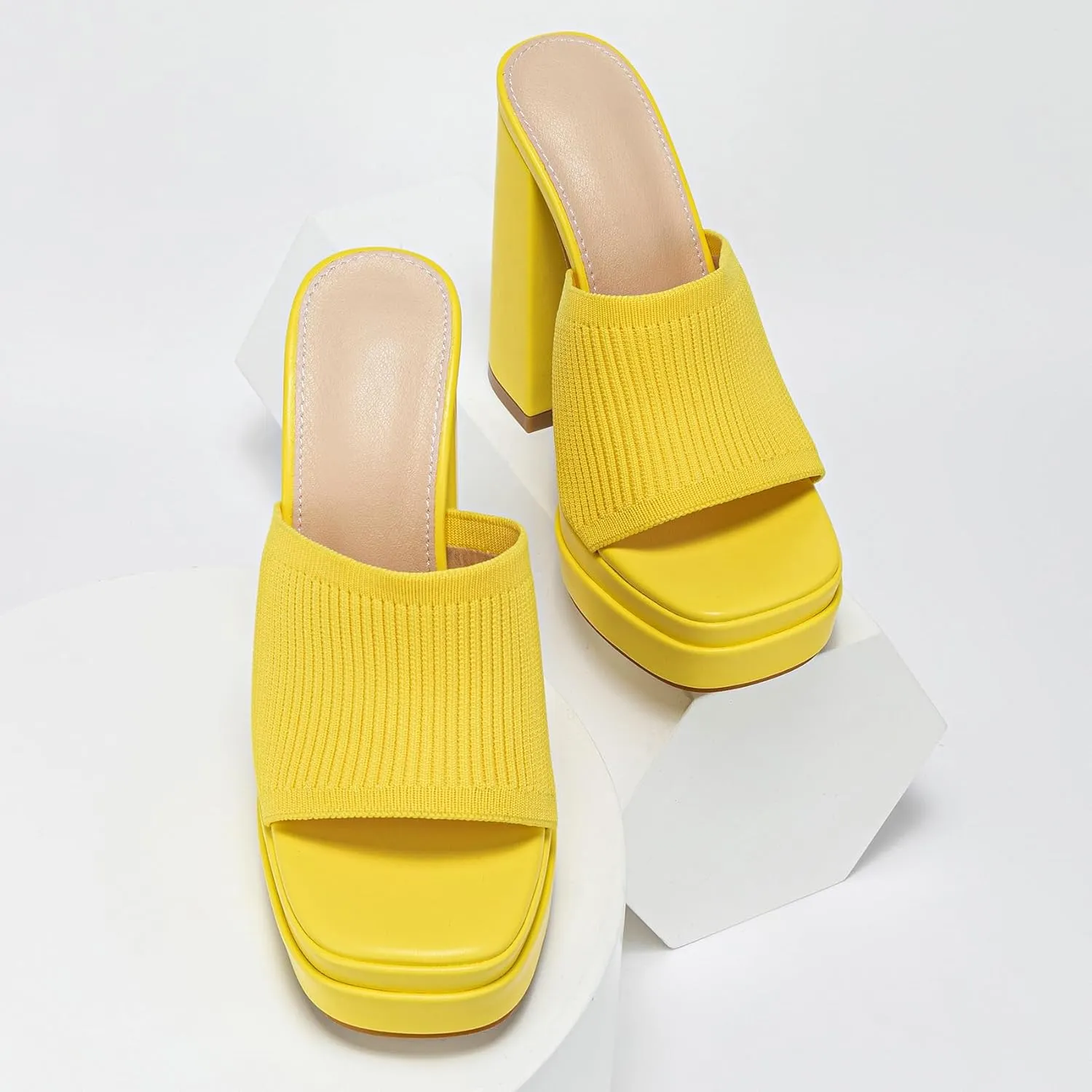 Elegant High Chunky Heel Mule Sandals for Women Chic Platform Summer Slip-Ons Block Heel Wedge Shoes with Knit Upper Fashionable Dressy Evening Party Shoes