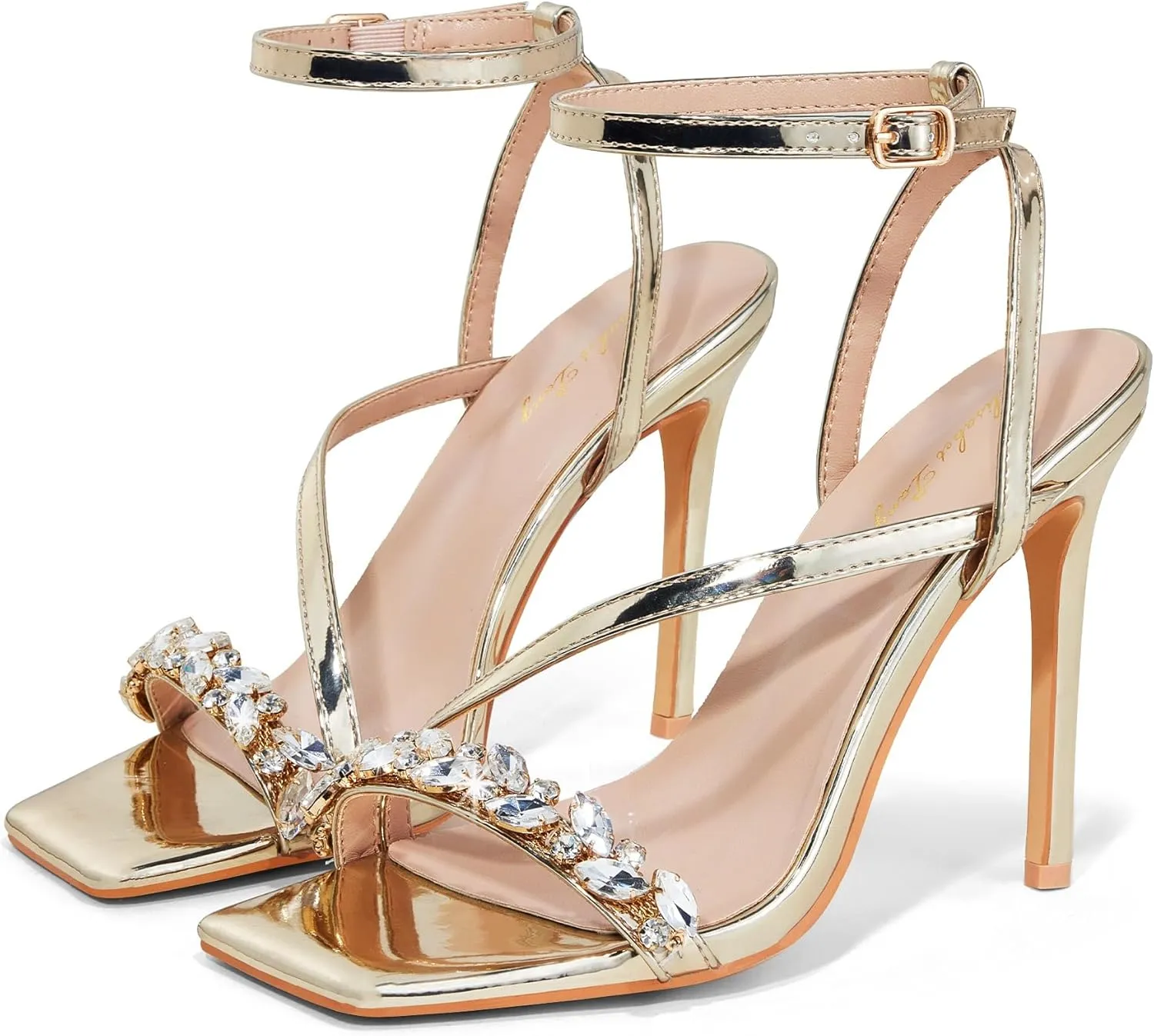 Elisabet Tang Women’s Crystal Stilettos Heeled Sandals, 4 Inch Square Open Toe Strappy Sexy High Heels Ankle Strap Buckle Heels for Party Wedding Dress Daily Wear Shoes
