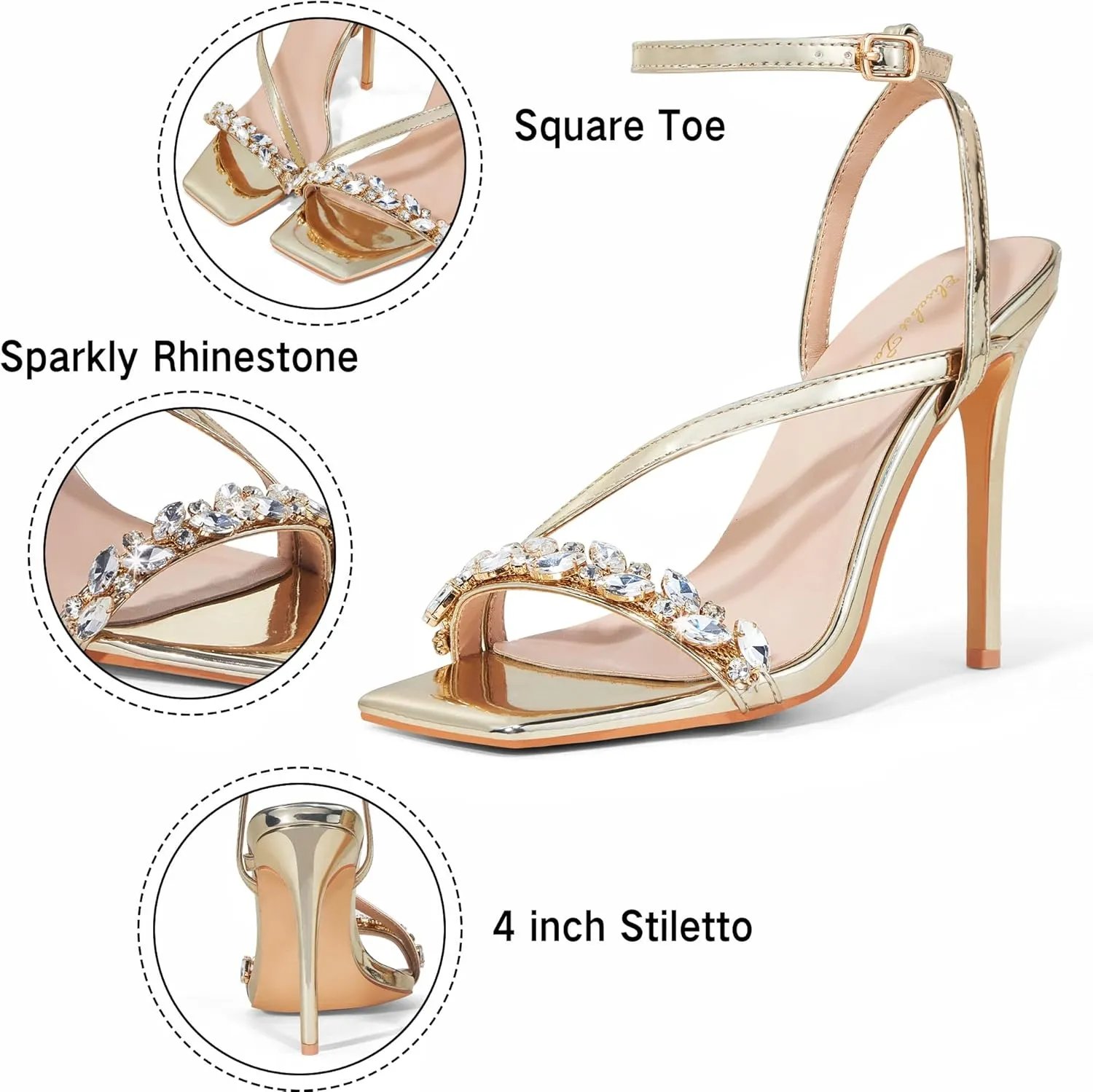 Elisabet Tang Women’s Crystal Stilettos Heeled Sandals, 4 Inch Square Open Toe Strappy Sexy High Heels Ankle Strap Buckle Heels for Party Wedding Dress Daily Wear Shoes