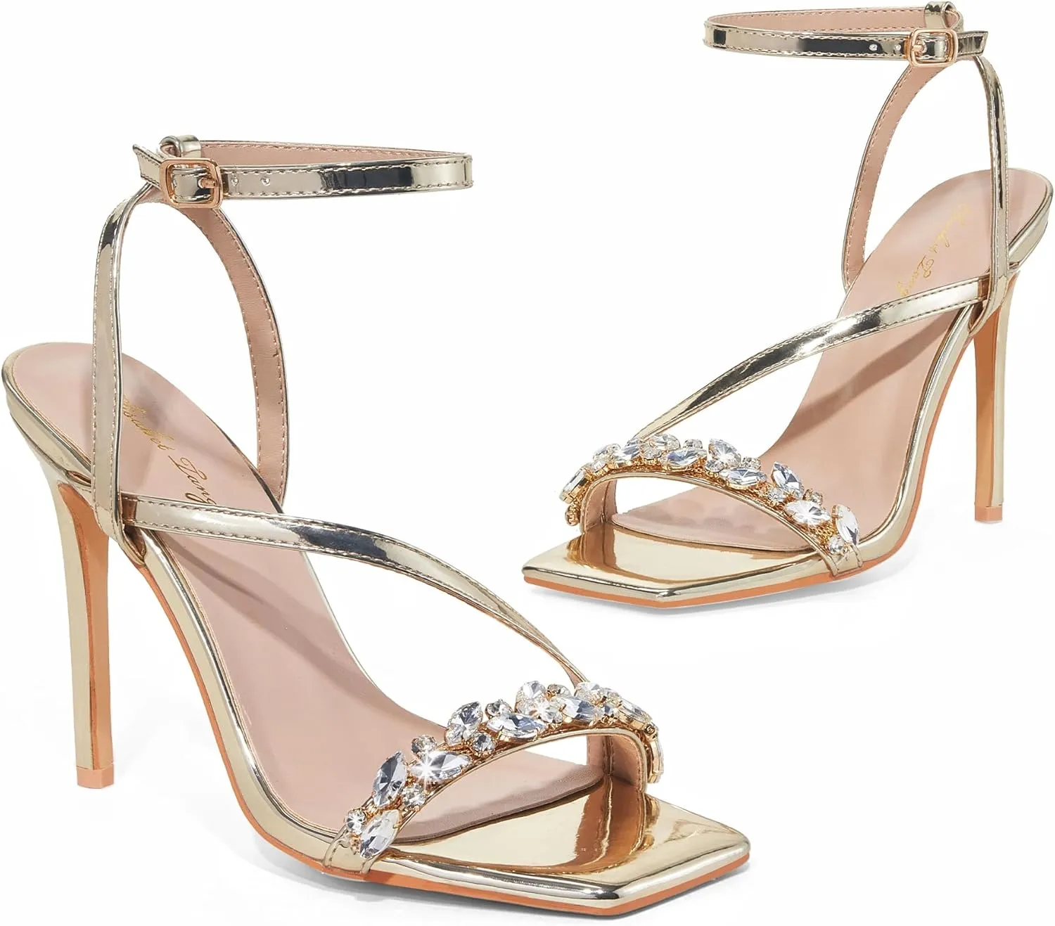 Elisabet Tang Women’s Crystal Stilettos Heeled Sandals, 4 Inch Square Open Toe Strappy Sexy High Heels Ankle Strap Buckle Heels for Party Wedding Dress Daily Wear Shoes