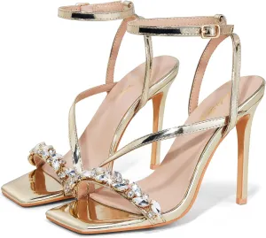 Elisabet Tang Women’s Crystal Stilettos Heeled Sandals, 4 Inch Square Open Toe Strappy Sexy High Heels Ankle Strap Buckle Heels for Party Wedding Dress Daily Wear Shoes