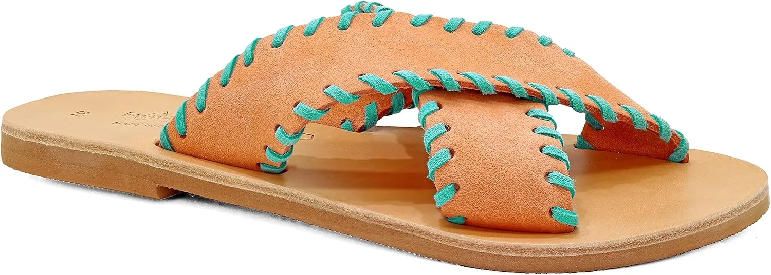 Emmanuela Greek Leather Embroided Flat Sandals, Quality Handmade Slide on X Strap Summer Shoes for Women, Open Toe Sliders, Boho Chic Strappy Mules