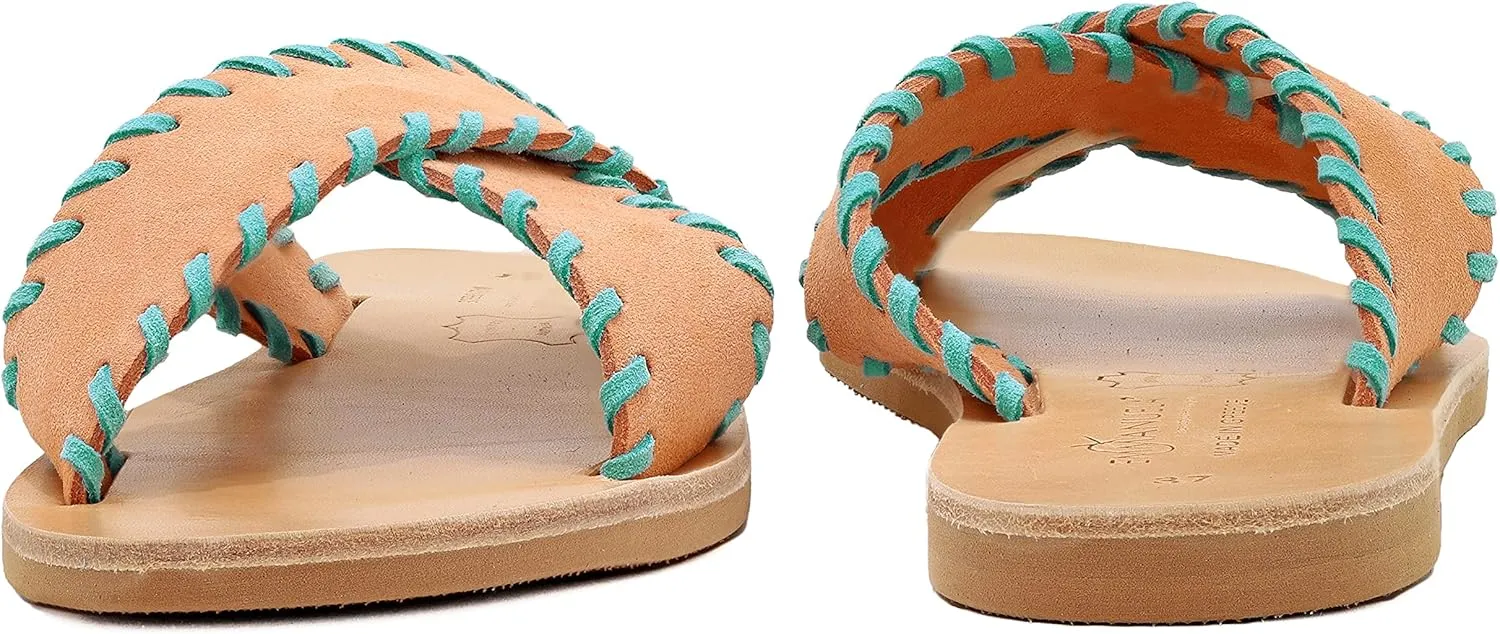 Emmanuela Greek Leather Embroided Flat Sandals, Quality Handmade Slide on X Strap Summer Shoes for Women, Open Toe Sliders, Boho Chic Strappy Mules