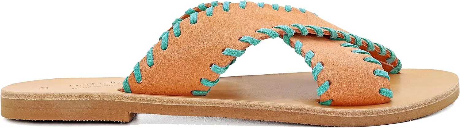 Emmanuela Greek Leather Embroided Flat Sandals, Quality Handmade Slide on X Strap Summer Shoes for Women, Open Toe Sliders, Boho Chic Strappy Mules
