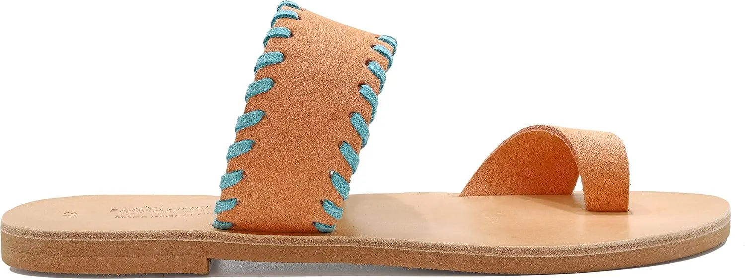 Emmanuela Greek Leather Embroided Toe Ring Sandals, Quality Handmade Slide on Strappy Summer Shoes for Women, Open Toe Sliders, Boho Chic Slider Mules