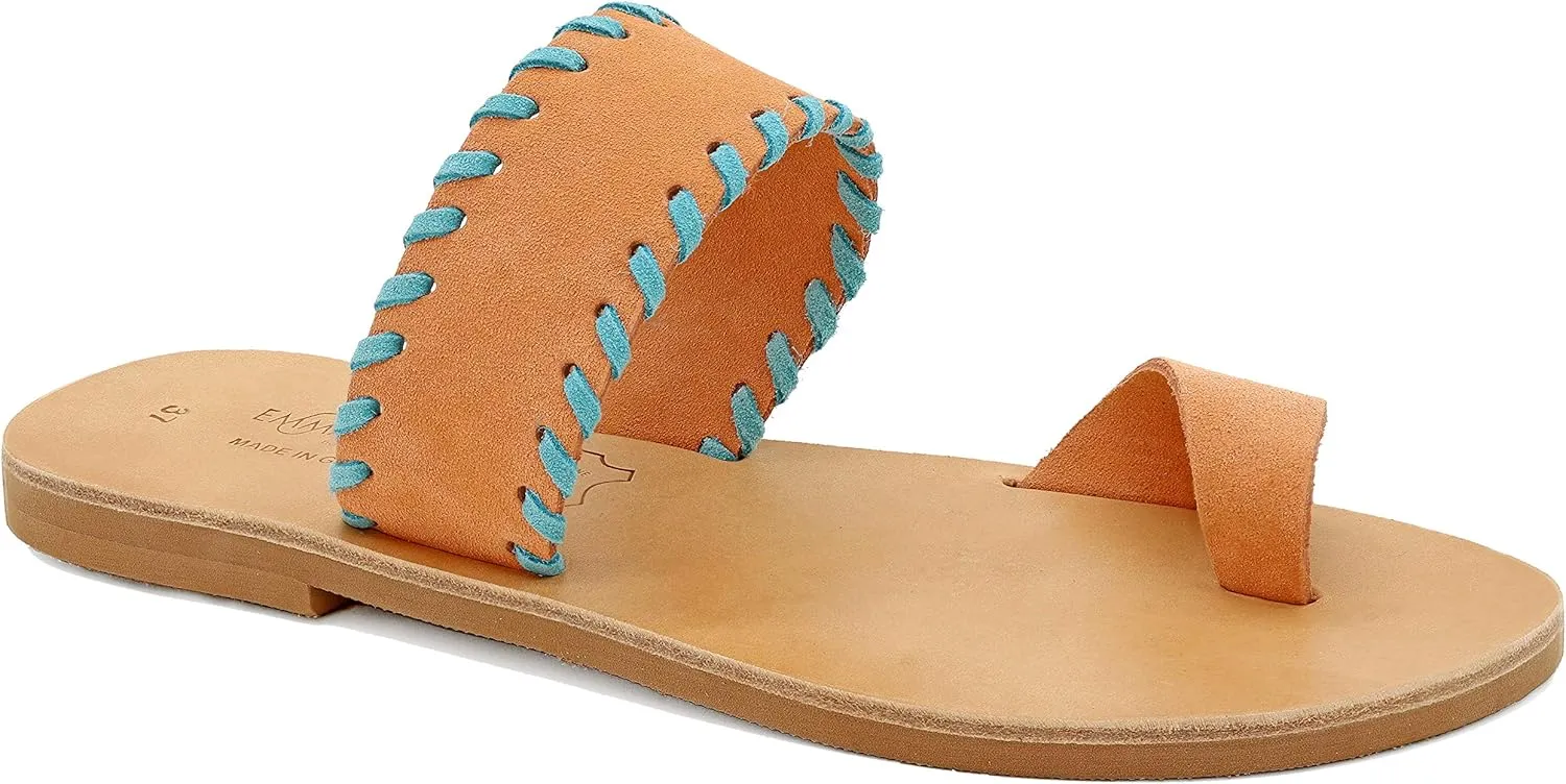Emmanuela Greek Leather Embroided Toe Ring Sandals, Quality Handmade Slide on Strappy Summer Shoes for Women, Open Toe Sliders, Boho Chic Slider Mules