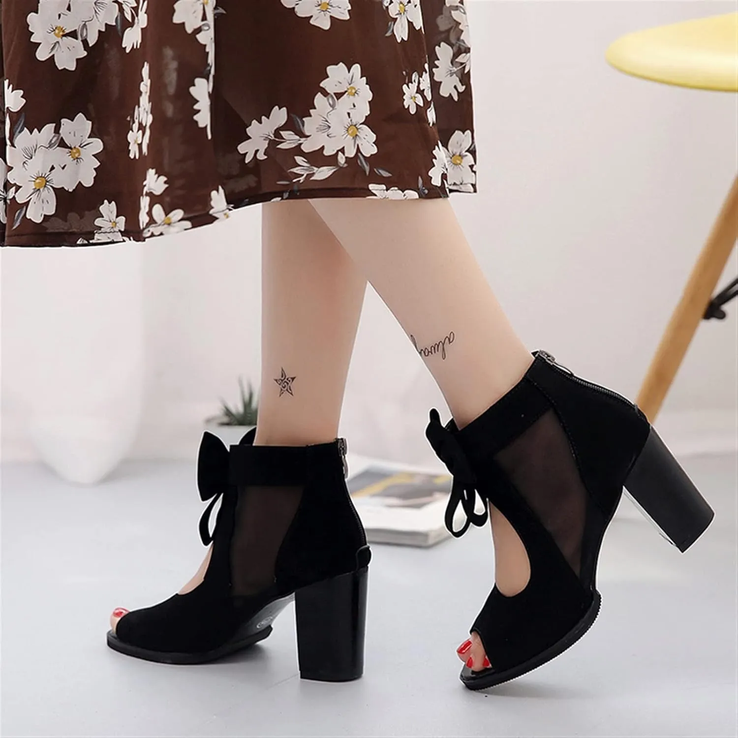 Fashion Womens Sandals Sexy Fish Mouth Beach Sandals Chunky Heel Back Zip Cutout Boots Prom Wedding Mesh Women's Boots (Color : Black, Shoe Size : 6.5)