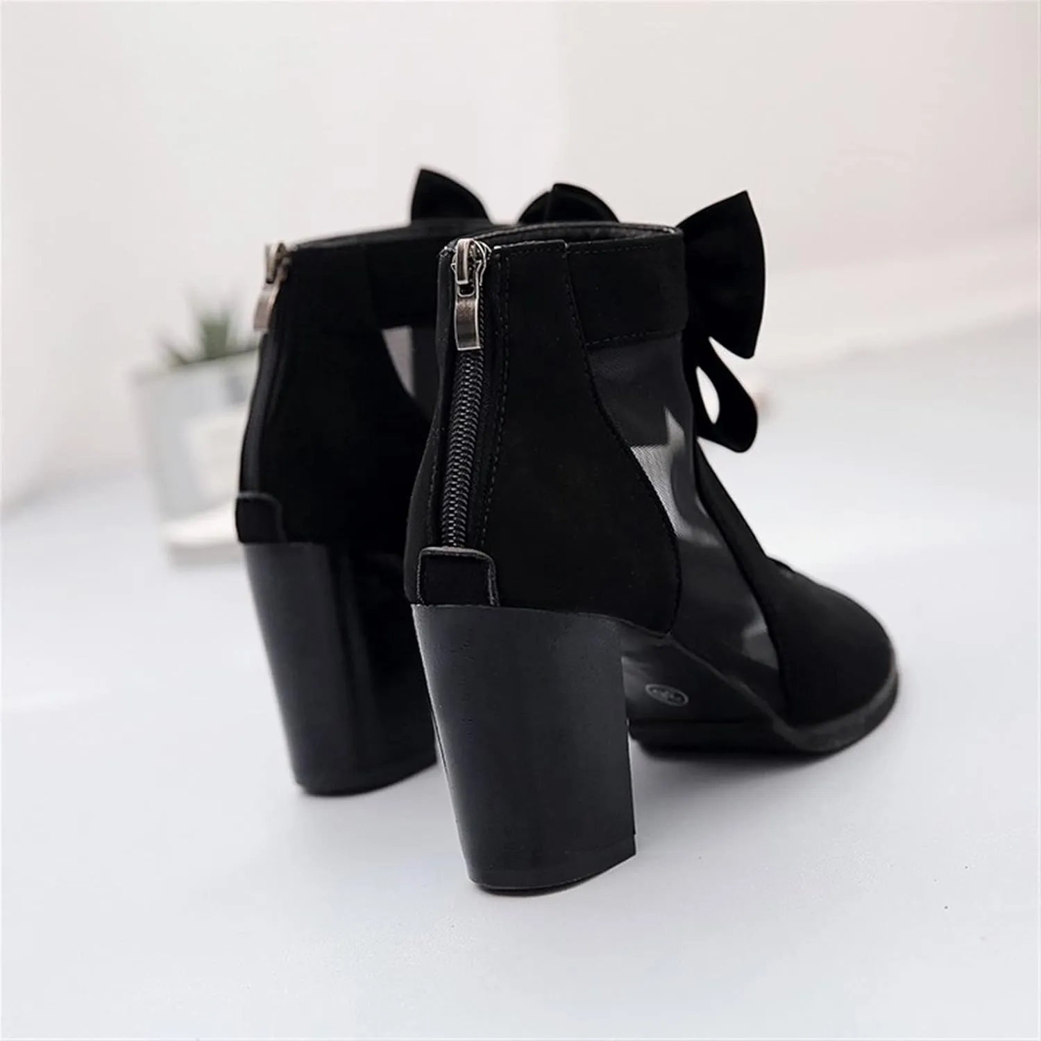 Fashion Womens Sandals Sexy Fish Mouth Beach Sandals Chunky Heel Back Zip Cutout Boots Prom Wedding Mesh Women's Boots (Color : Black, Shoe Size : 6.5)