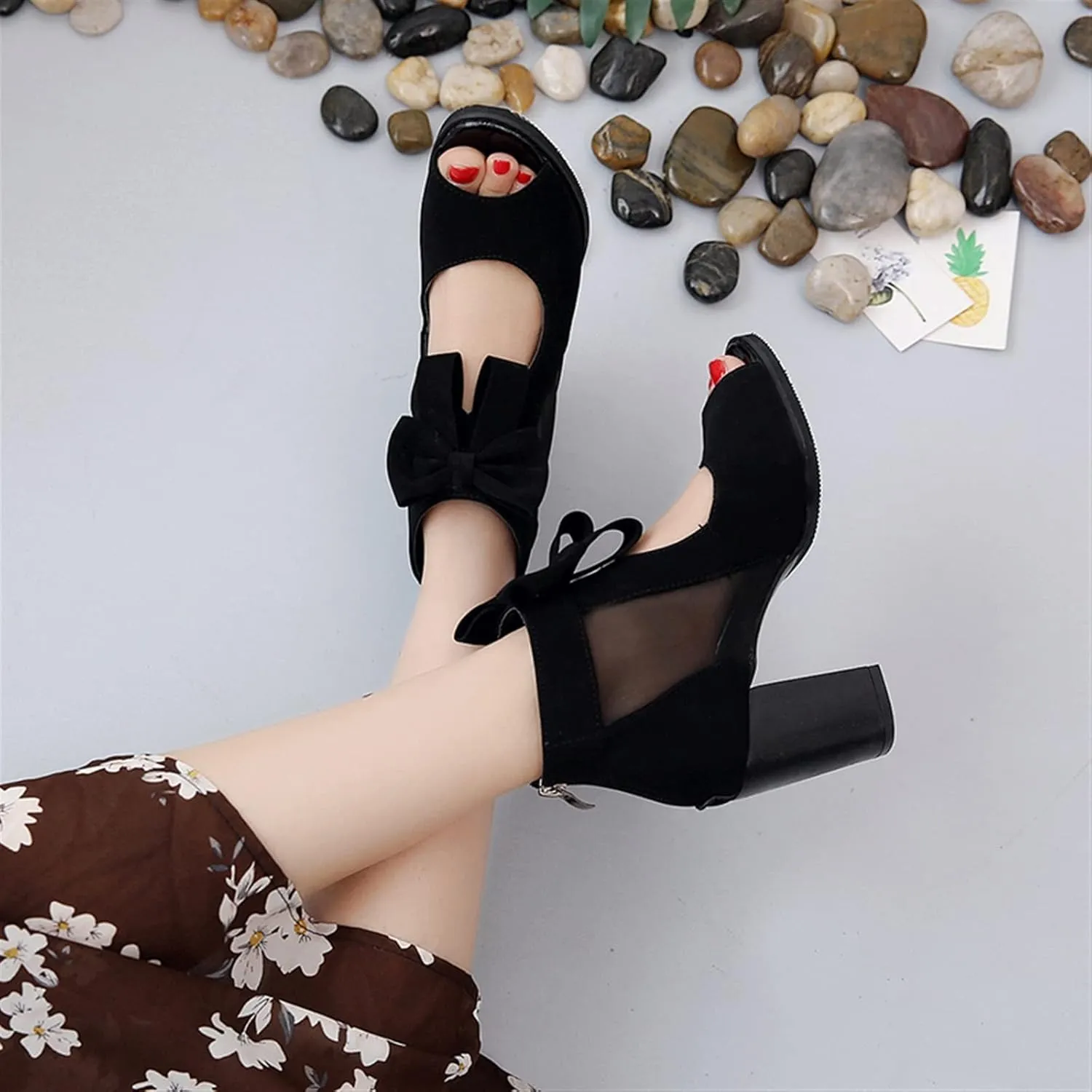 Fashion Womens Sandals Sexy Fish Mouth Beach Sandals Chunky Heel Back Zip Cutout Boots Prom Wedding Mesh Women's Boots (Color : Black, Shoe Size : 6.5)