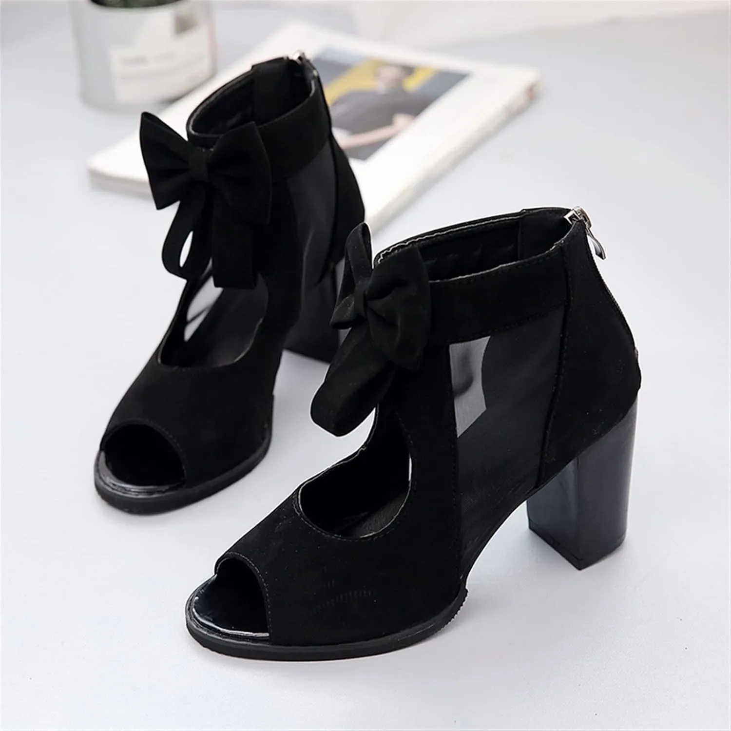 Fashion Womens Sandals Sexy Fish Mouth Beach Sandals Chunky Heel Back Zip Cutout Boots Prom Wedding Mesh Women's Boots (Color : Black, Shoe Size : 6.5)