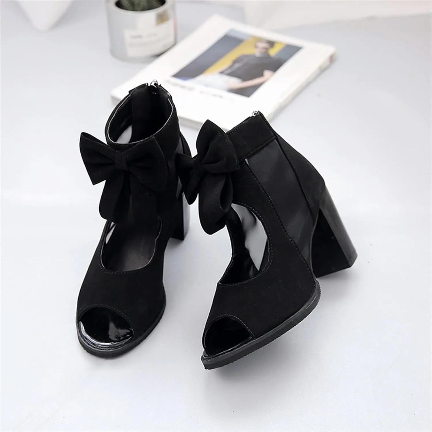 Fashion Womens Sandals Sexy Fish Mouth Beach Sandals Chunky Heel Back Zip Cutout Boots Prom Wedding Mesh Women's Boots (Color : Black, Shoe Size : 6.5)