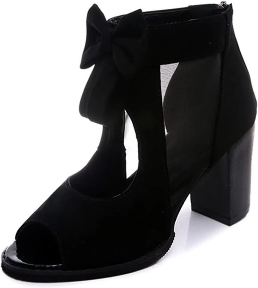Fashion Womens Sandals Sexy Fish Mouth Beach Sandals Chunky Heel Back Zip Cutout Boots Prom Wedding Mesh Women's Boots (Color : Black, Shoe Size : 6.5)