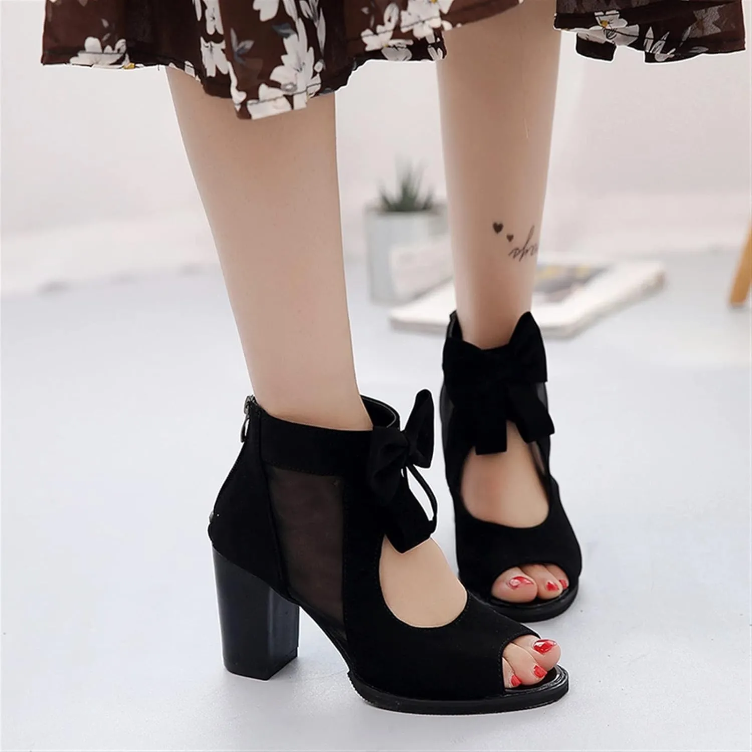 Fashion Womens Sandals Sexy Fish Mouth Beach Sandals Chunky Heel Back Zip Cutout Boots Prom Wedding Mesh Women's Boots (Color : Black, Shoe Size : 6.5)
