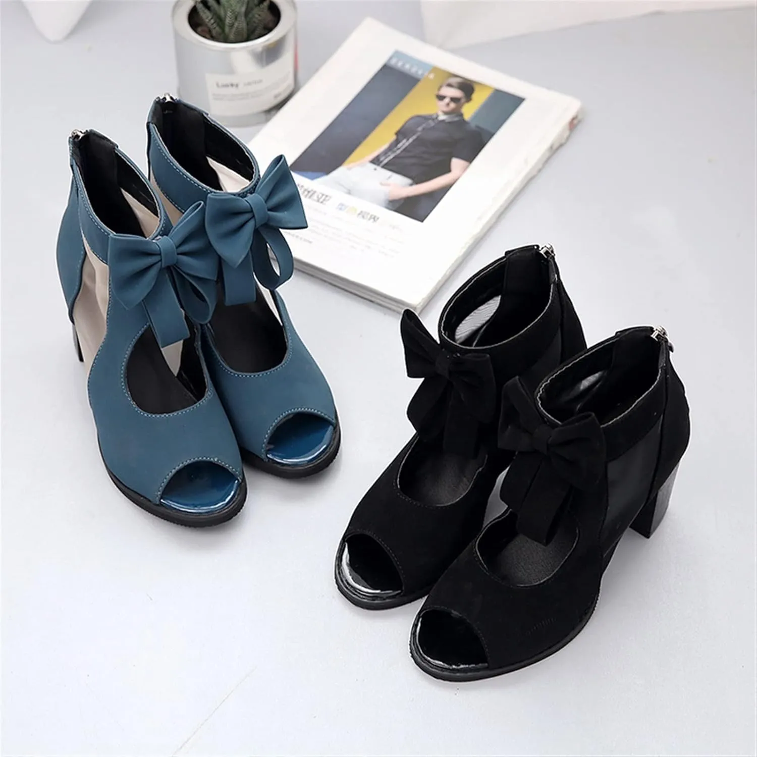 Fashion Womens Sandals Sexy Fish Mouth Beach Sandals Chunky Heel Back Zip Cutout Boots Prom Wedding Mesh Women's Boots (Color : Black, Shoe Size : 6.5)