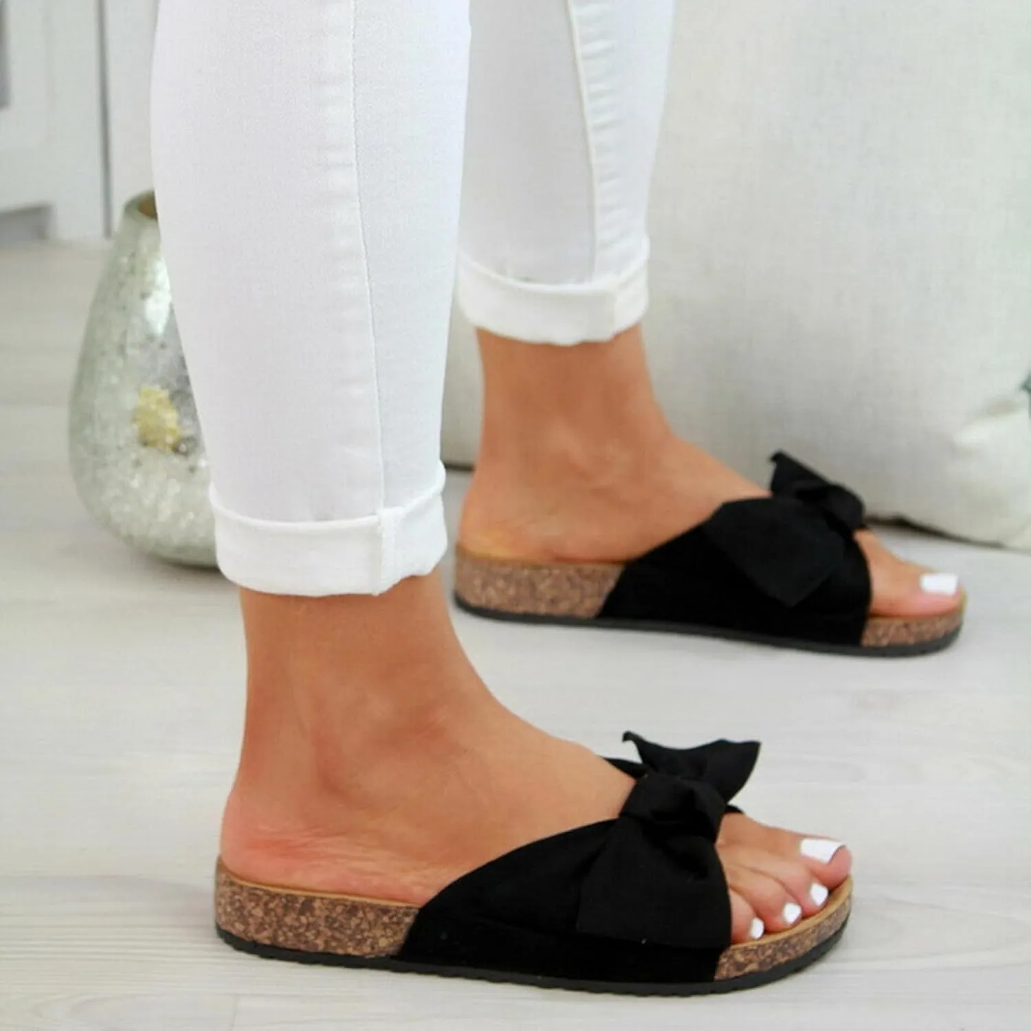 FFMA Sandals for Women Wide Width Slide Sandals Ladies Dressy Summer Casual Cute Bow Tie Knot On Top Strap Comfy Slip On Cork Foot Bed