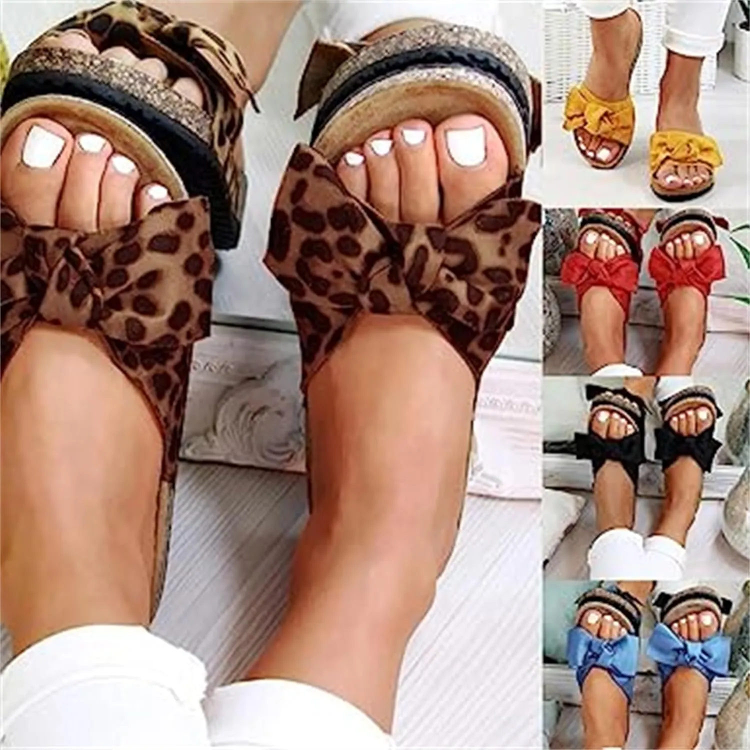 FFMA Sandals for Women Wide Width Slide Sandals Ladies Dressy Summer Casual Cute Bow Tie Knot On Top Strap Comfy Slip On Cork Foot Bed