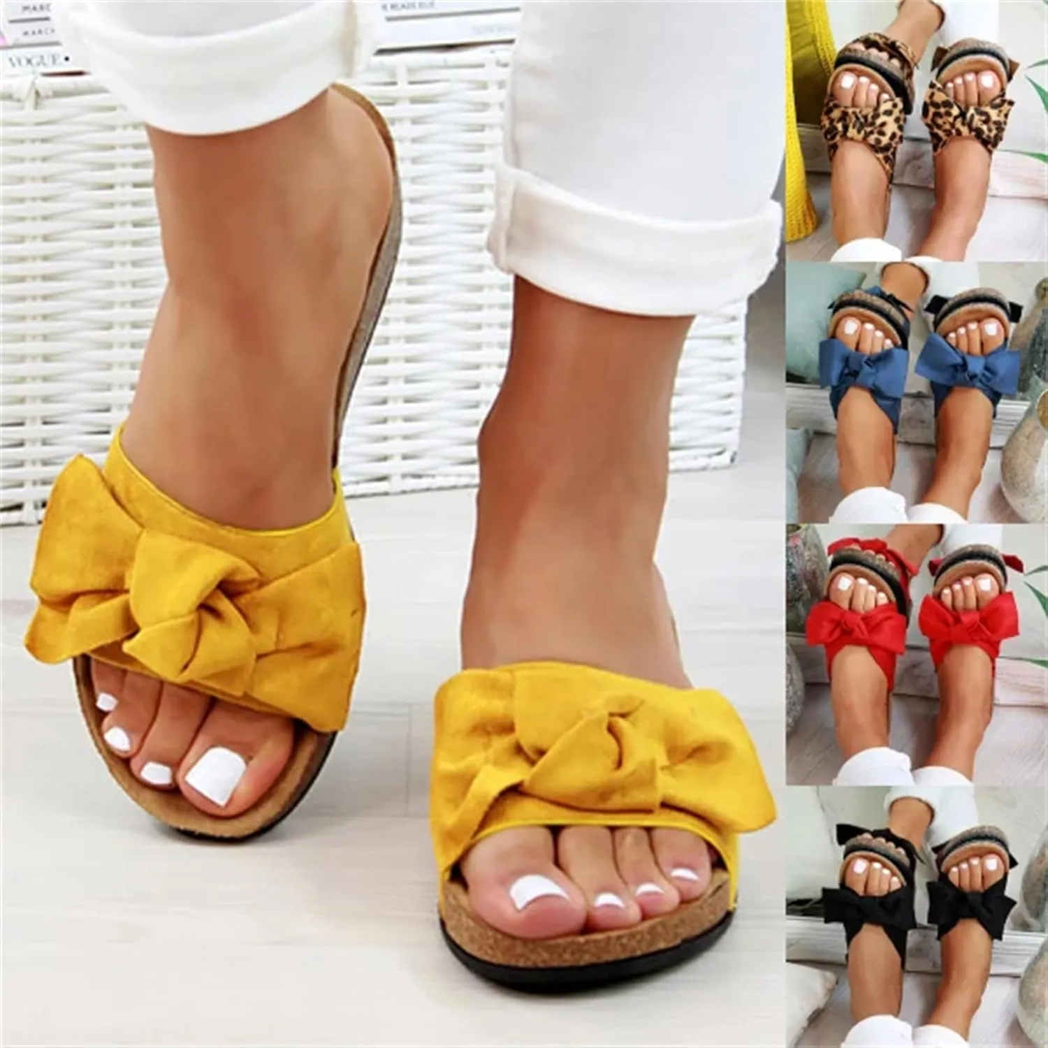 FFMA Sandals for Women Wide Width Slide Sandals Ladies Dressy Summer Casual Cute Bow Tie Knot On Top Strap Comfy Slip On Cork Foot Bed