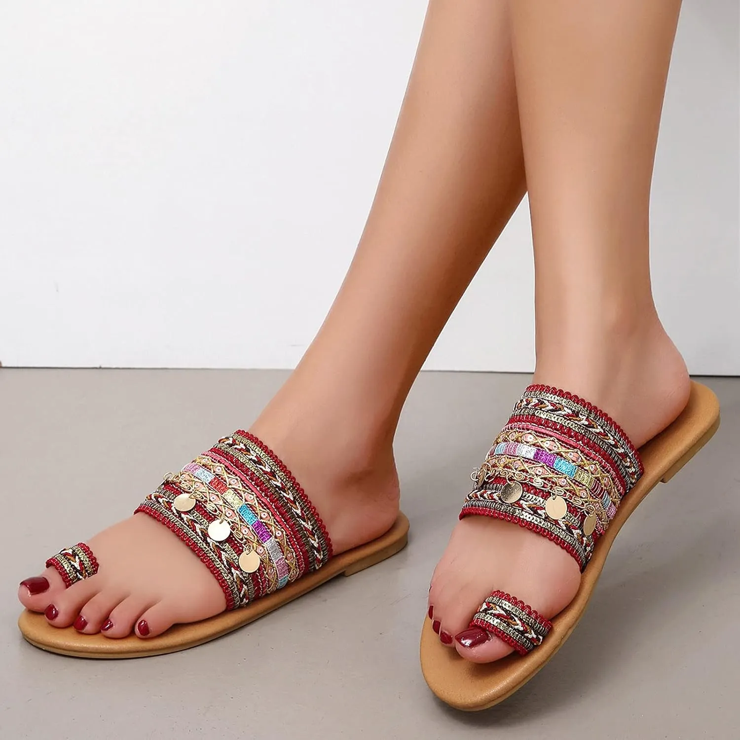 Flat Sandals for Women Summer toe Ring Retro One toe Falt Slip On Two Strap Flip Flops Slide toe Loop Plus Size