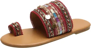 Flat Sandals for Women Summer toe Ring Retro One toe Falt Slip On Two Strap Flip Flops Slide toe Loop Plus Size