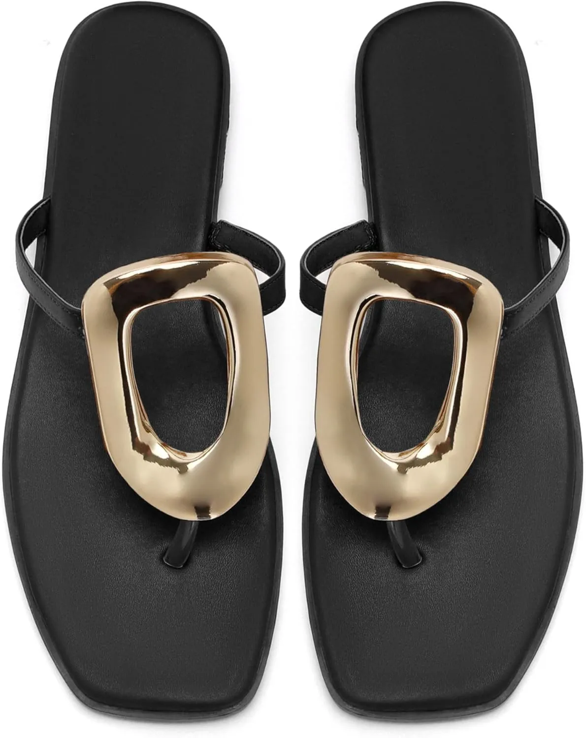 Flip-Flops for Women Thong Sandals Flat Black Slip on Slides Leather Beach Comfort Open Square Toe Ladies Slipper Dressy Metal Hardware Decoration Summer Shoes Casual Fashion