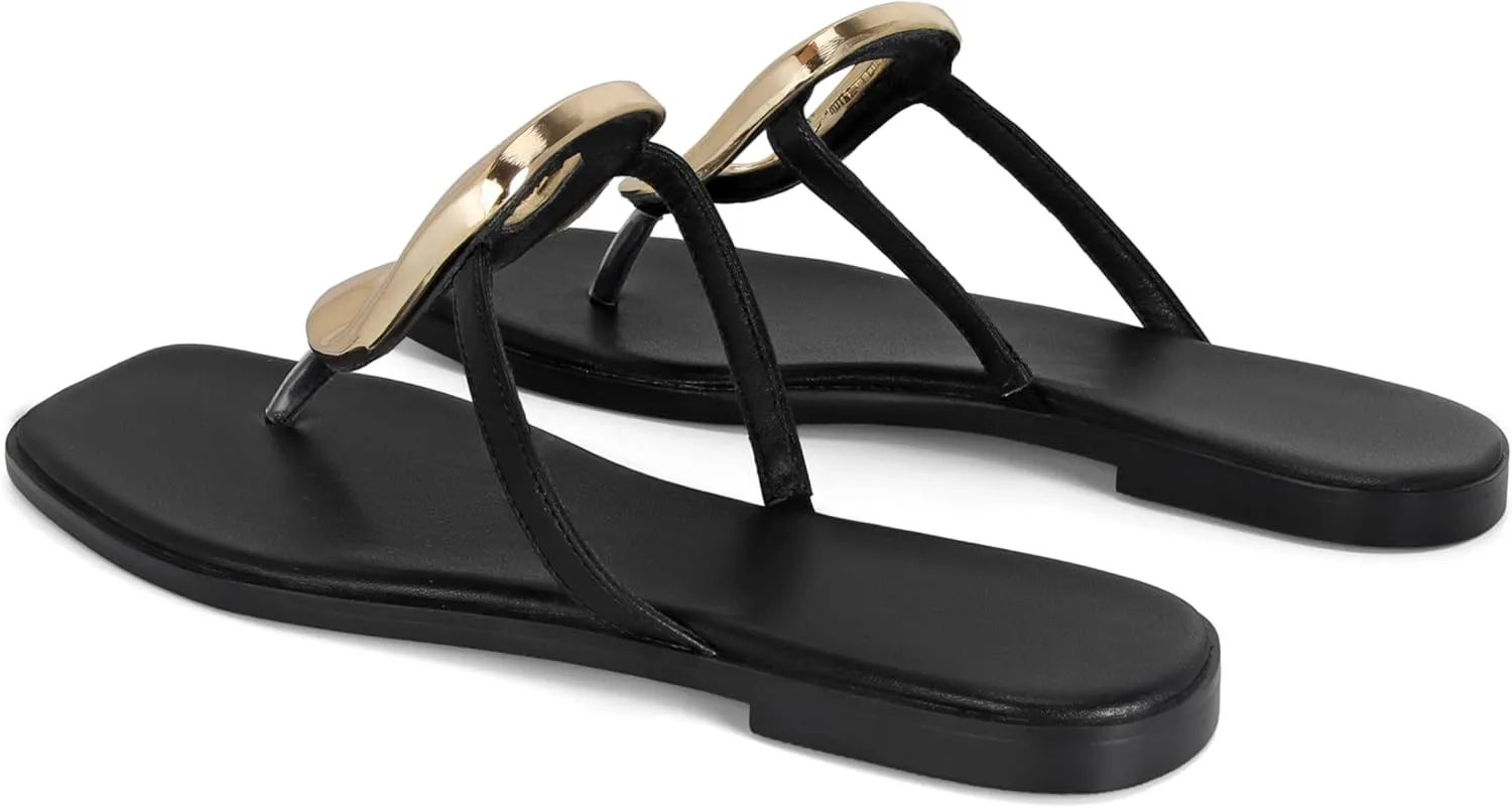 Flip-Flops for Women Thong Sandals Flat Black Slip on Slides Leather Beach Comfort Open Square Toe Ladies Slipper Dressy Metal Hardware Decoration Summer Shoes Casual Fashion