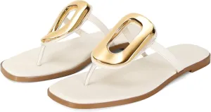 Flip-Flops for Women Thong Sandals Flat Black Slip on Slides Leather Beach Comfort Open Square Toe Ladies Slipper Dressy Metal Hardware Decoration Summer Shoes Casual Fashion