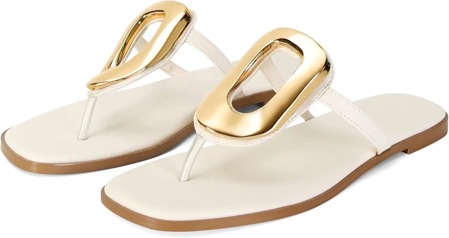 Flip-Flops for Women Thong Sandals Flat Black Slip on Slides Leather Beach Comfort Open Square Toe Ladies Slipper Dressy Metal Hardware Decoration Summer Shoes Casual Fashion