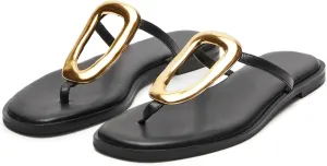 Flip-Flops for Women Thong Sandals Flat Black Slip on Slides Leather Beach Comfort Open Square Toe Ladies Slipper Dressy Metal Hardware Decoration Summer Shoes Casual Fashion