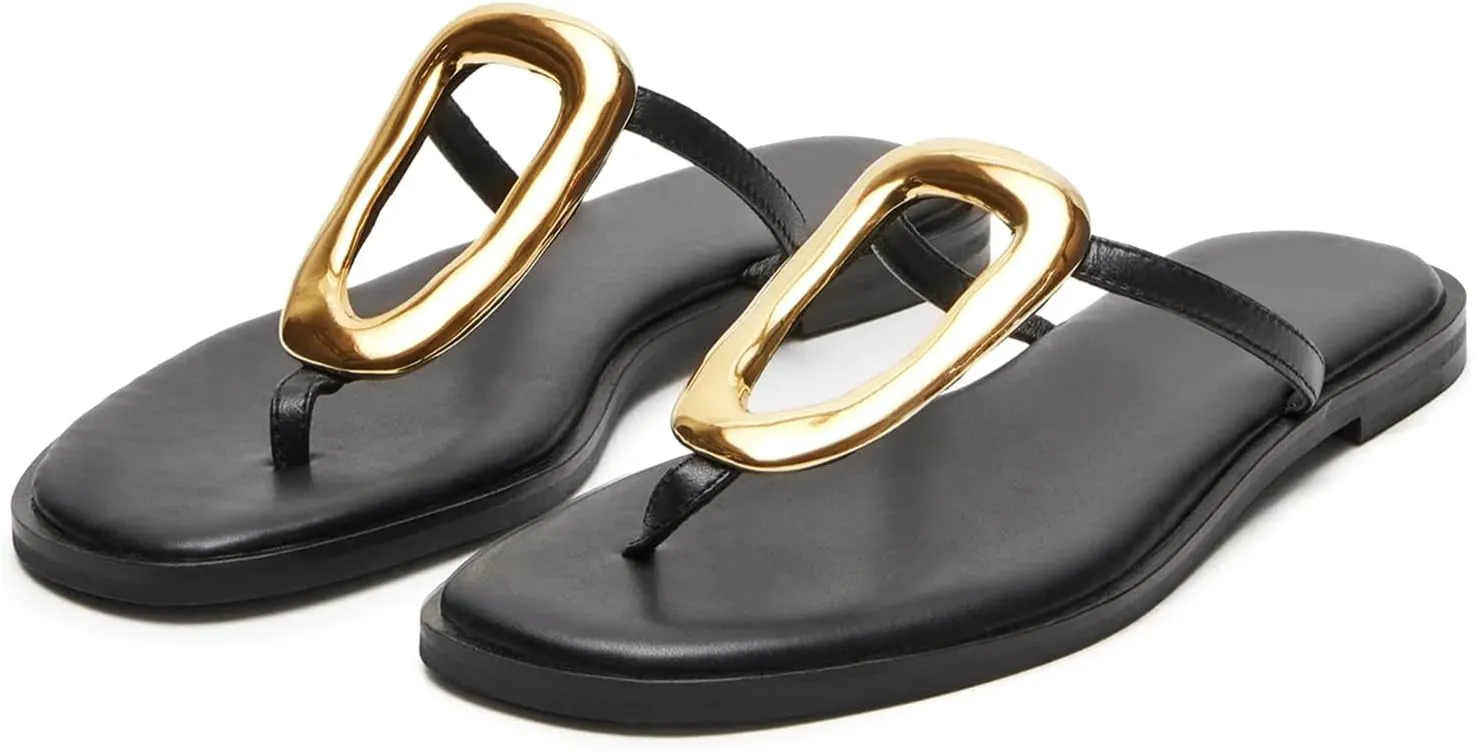 Flip-Flops for Women Thong Sandals Flat Black Slip on Slides Leather Beach Comfort Open Square Toe Ladies Slipper Dressy Metal Hardware Decoration Summer Shoes Casual Fashion