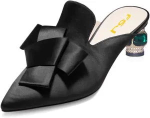 FSJ Women Retro Crystal Rhinestone Heeled Mules Pointed Toe Bows Slide Sandals Backless Emerald Bridal Wedding Dress Shoes Size 4-15 US