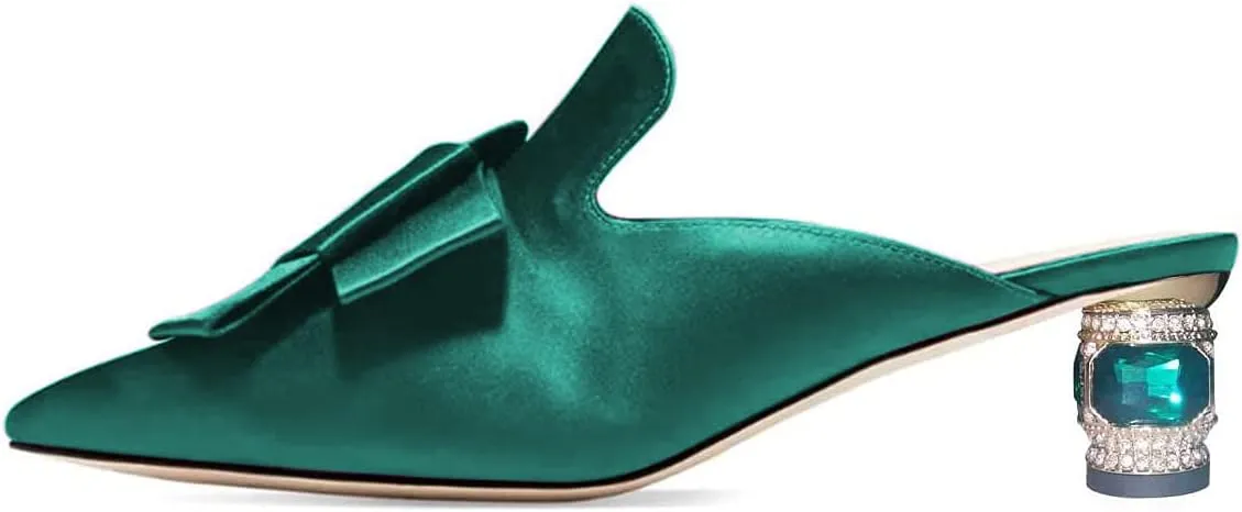FSJ Women Retro Crystal Rhinestone Heeled Mules Pointed Toe Bows Slide Sandals Backless Emerald Bridal Wedding Dress Shoes Size 4-15 US
