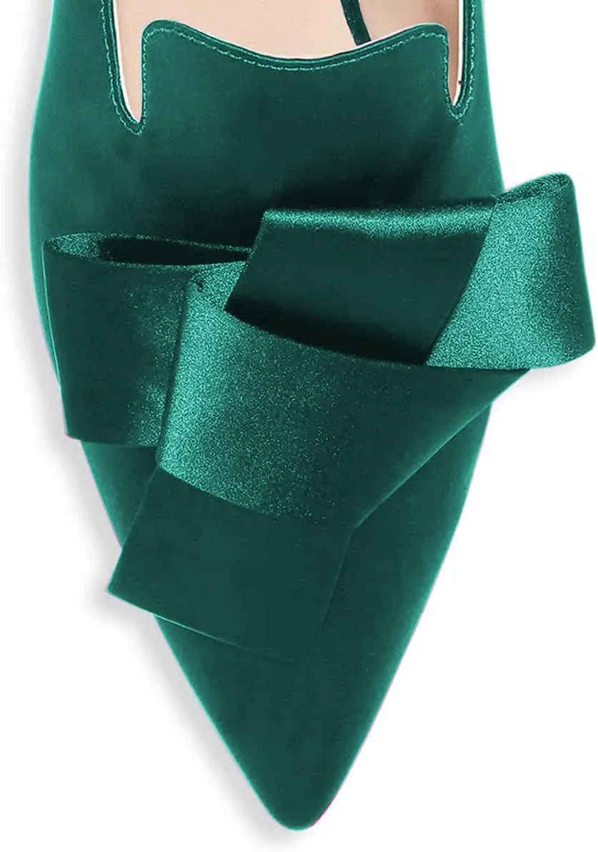 FSJ Women Retro Crystal Rhinestone Heeled Mules Pointed Toe Bows Slide Sandals Backless Emerald Bridal Wedding Dress Shoes Size 4-15 US