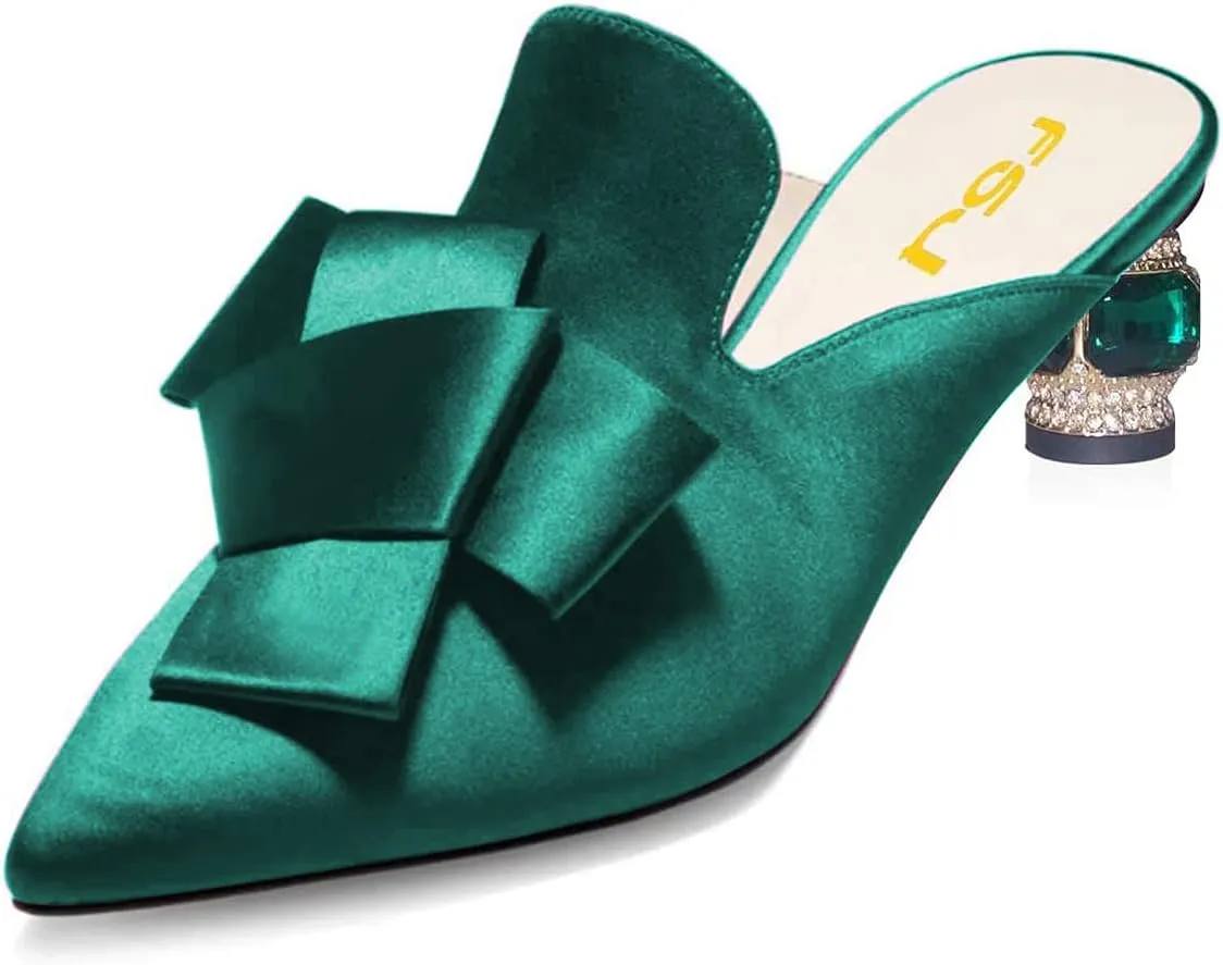 FSJ Women Retro Crystal Rhinestone Heeled Mules Pointed Toe Bows Slide Sandals Backless Emerald Bridal Wedding Dress Shoes Size 4-15 US