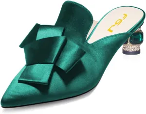 FSJ Women Retro Crystal Rhinestone Heeled Mules Pointed Toe Bows Slide Sandals Backless Emerald Bridal Wedding Dress Shoes Size 4-15 US