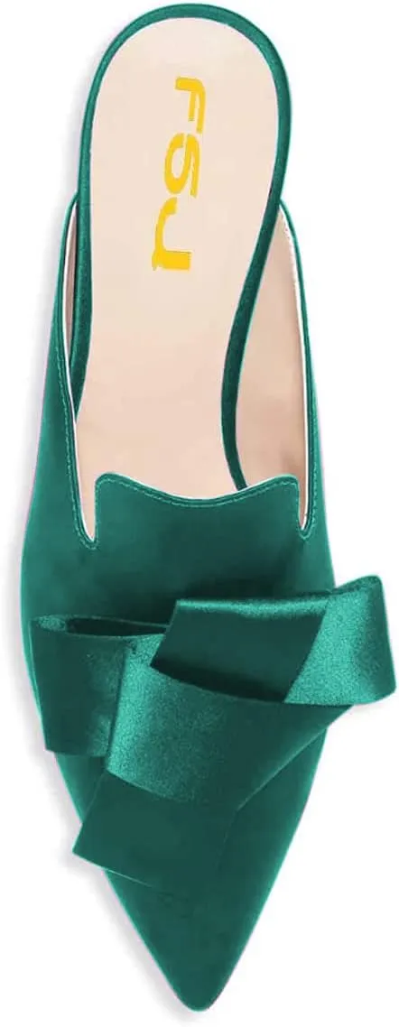 FSJ Women Retro Crystal Rhinestone Heeled Mules Pointed Toe Bows Slide Sandals Backless Emerald Bridal Wedding Dress Shoes Size 4-15 US