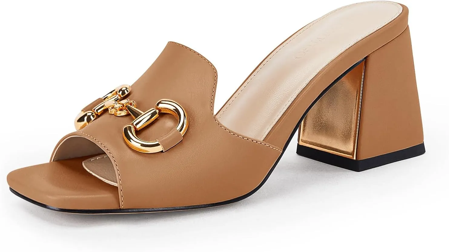 gihubafuil Women's Sandals Peep Toe Slides Chunky Heel Mules Single Band Comfort Slip-on Shoes with Metal Chain for Spring Summer