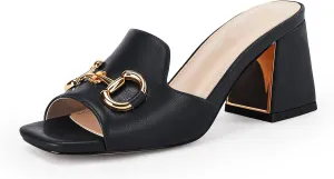 gihubafuil Women's Sandals Peep Toe Slides Chunky Heel Mules Single Band Comfort Slip-on Shoes with Metal Chain for Spring Summer