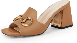 gihubafuil Women's Sandals Peep Toe Slides Chunky Heel Mules Single Band Comfort Slip-on Shoes with Metal Chain for Spring Summer